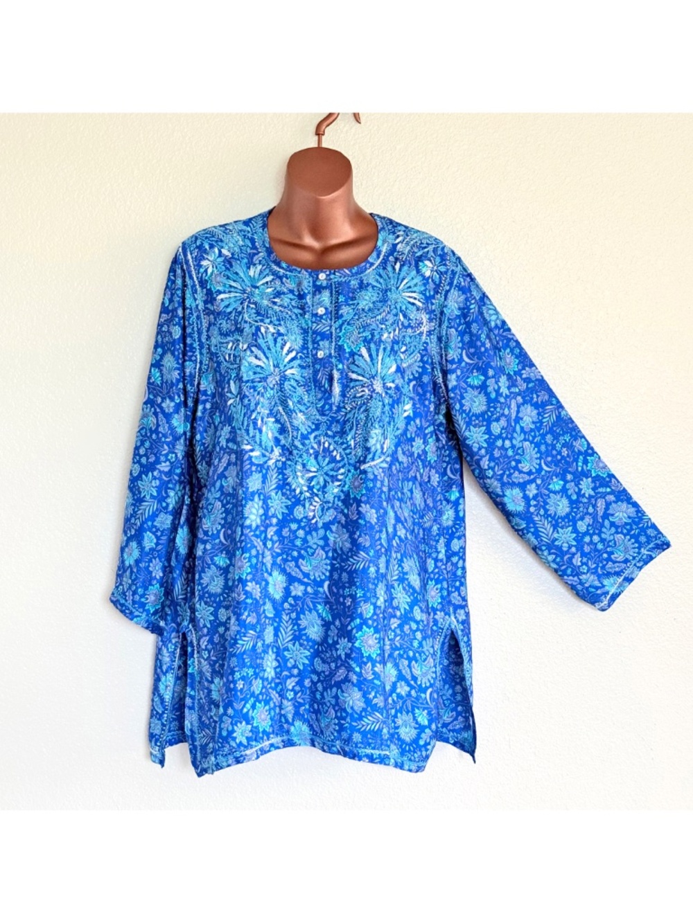 Dolma Blue 100% Silk Floral Embroidered Boho Coastal Resortwear Tunic XL